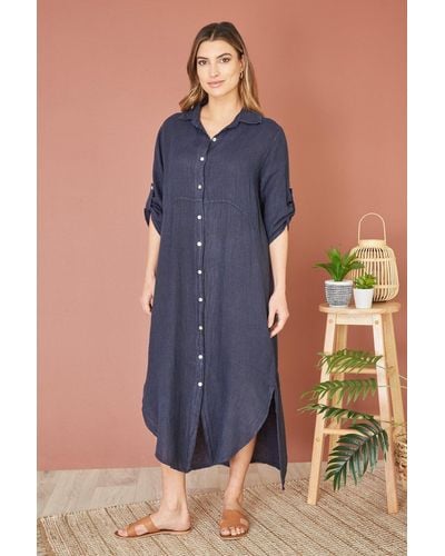 Yumi' Italian Linen Relaxed Midi Shirt Dress With Turn Up Sleeves - Blue