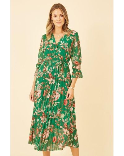 Yumi' Floral Print Midi Wrap Dress With Pleated Skirt - Green