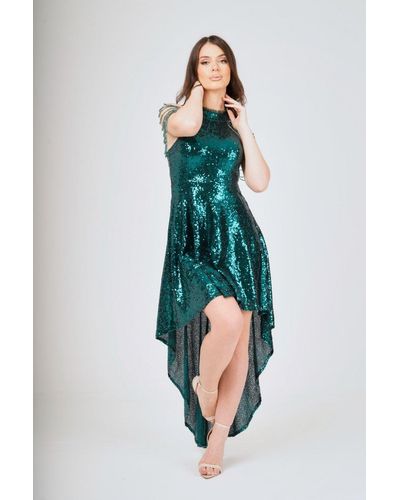 Luv Forever Emerald Jewel Shoulder Hi-Lo Sequin Dress - Green
