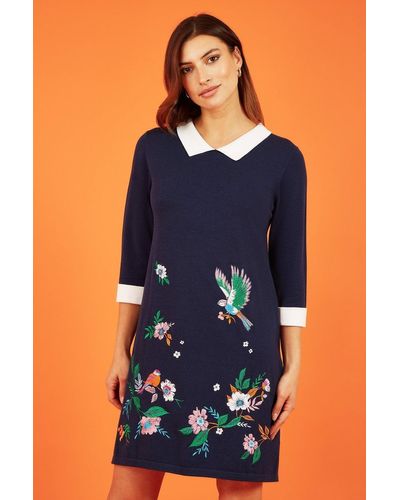 Yumi' Bird And Floral Embroidered Knitted Peter Pan Dress - Blue