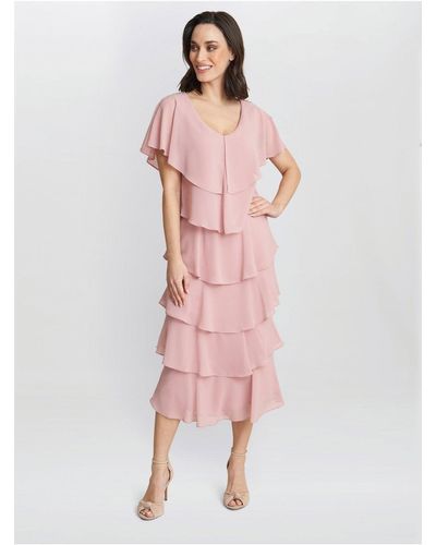 Gina Bacconi Rebecca Midi Tiered Dress With Shoulder Trim - Pink