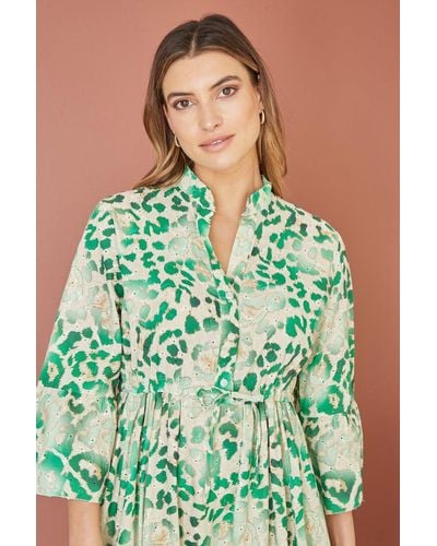 Yumi' Premium Animal Print Broderie Anglaise Cotton Midi Shirt Dress - Green