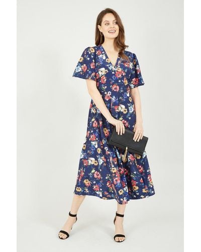 Yumi' Bird And Floral Print Midi Dress - Blue