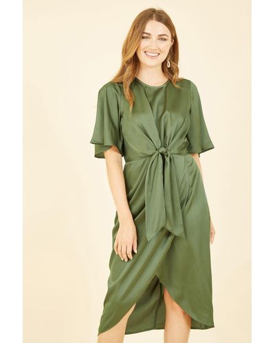 Yumi' Satin Tie Detail Midi Dress - Green