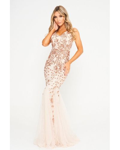 Luv Forever Champagne Floral Mesh Sequin Maxi Dress - Natural