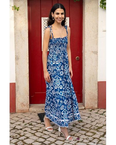 Yumi' Ikat Print Midi Sun Dress - Blue