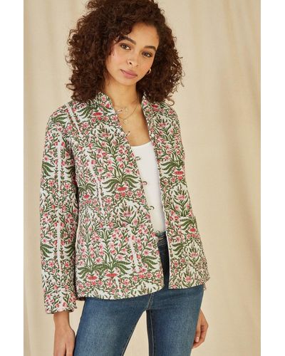 Yumi' Floral Print Reversible Cotton Quilted Jacket - Brown