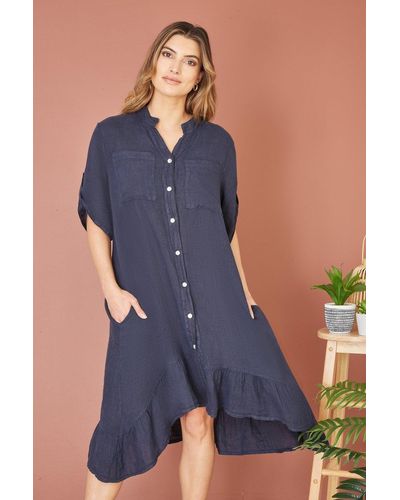 Yumi' Italian Linen Shirt Dress With Frill Hem - Blue