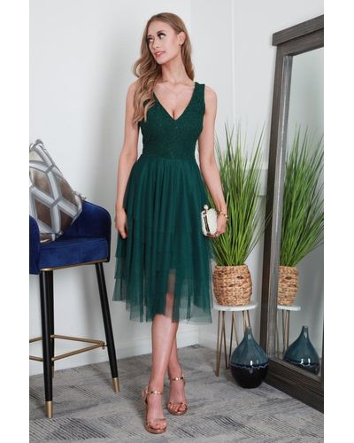 Double Second Lace V-Neck Layered Tulle Dress - Green