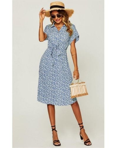 FS Collection Relaxed Floral Print Button Down Midi Shirt Dress - Blue