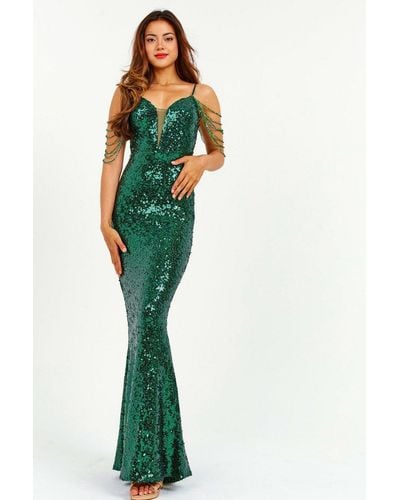 Luv Forever Emerald V-Neck Jewelled Shoulder Sequin Maxi Dress - Green