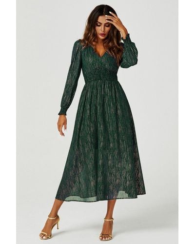 FS Collection Stripe Foil Long Sleeve Maxi Dress - Green