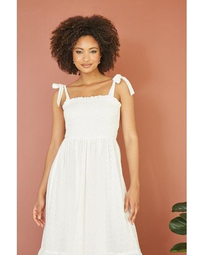 Mela London Mela Broderie Anglaise Ruched Midi Sundress With Tie Sleeves - White