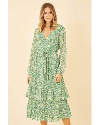 Yumi' Floral Wrap Long Sleeve Tiered Midi Dress - Green