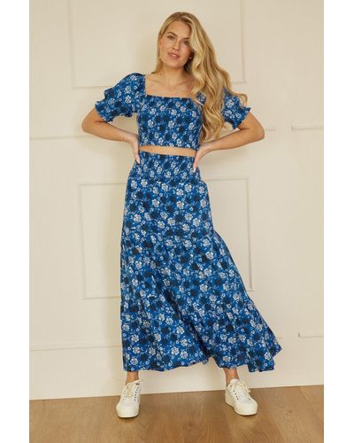 Yumi' Cotton Voile Floral Ruched Waist Midi Skirt - Blue