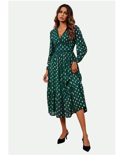 FS Collection Lace Trim Foil Long Sleeve Maxi Dress - Green