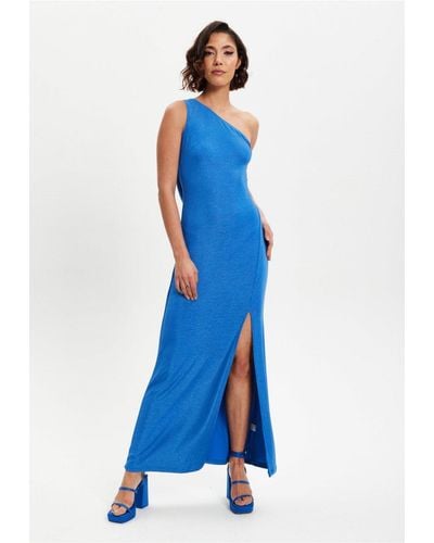 Liquorish Lurex One Shoulder Jersey Maxi Dress With Long Slit - Blue