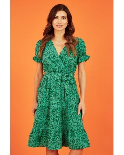 Mela London Mela Animal Print Midi Wrap Dress With Ruffle Sleeves - Green