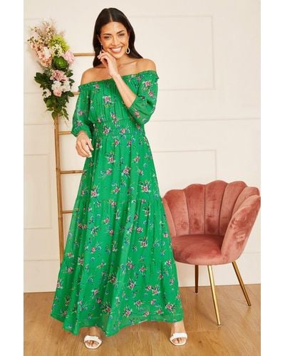 Yumi' Floral Bardot Long Sleeve Maxi Dress - Green