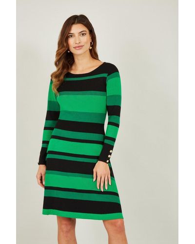 Yumi' Striped Knitted Skater Dress - Green