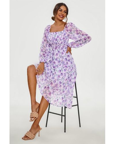 FS Collection Floral Print Long Sleeve Maxi Dress - Purple