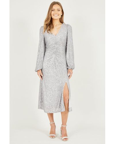 Yumi' Sequin Ruched Front Long Sleeve Midi Dress - Grey