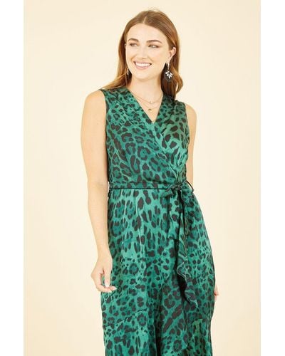 Mela London Mela Animal Print Satin Wrap Midi Dress - Green