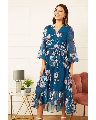 Yumi' Watercolour Floral Dip Hem Midi Dress - Blue