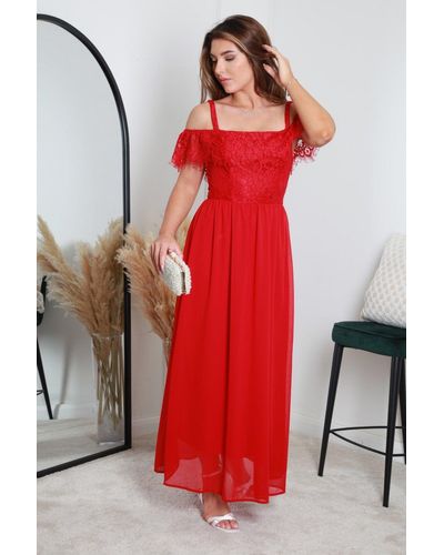Double Second Scallop Edge Off Shoulder Dress - Red