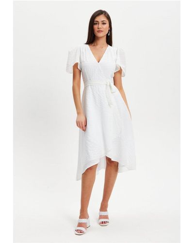 Liquorish Chequered Angel Sleeve Wrap Dress - White