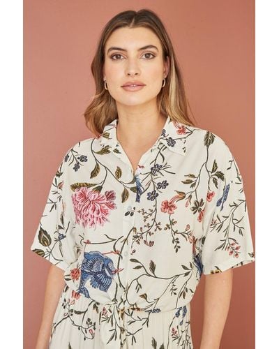 Yumi' Viscose Bird And Floral Print Tie Front Shirt - Brown