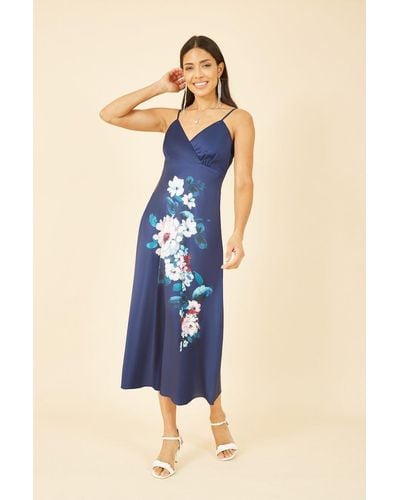 Yumi' Satin Slip Dress With Floral Design - Blue