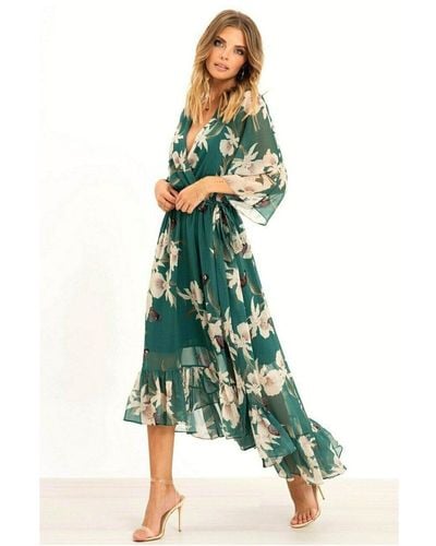 Yumi' Floral Print Kimono Midi Wrap Dress - Green