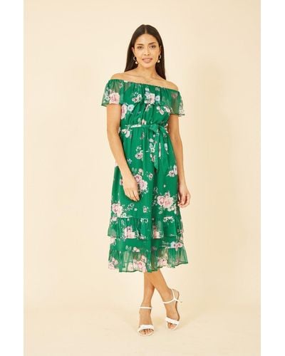 Yumi' Floral Bardot Midi Dress With Frill Hem - Green