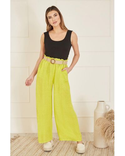 Yumi' Lime Striped Italian Linen Wide Leg Trousers With Belt - Yellow