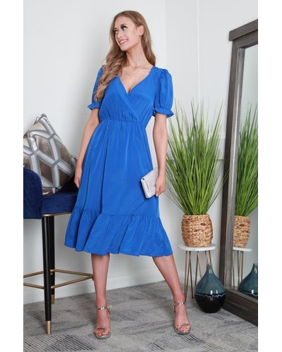 Double Second Puff Sleeve Wrap Front Midi Dress - Blue