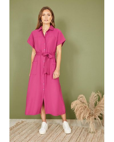 Yumi' Viscose Relaxed Midi Shirt Dress With Pockets - Pink