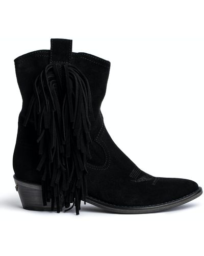Zadig & Voltaire Pilar High Suede Fringe Boots - Black