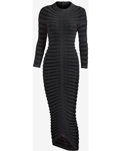 Zaful Sexy Party Club See Through Openwork Long Sleeves Round Neck Maxi Slinky Sweater Dress - Black