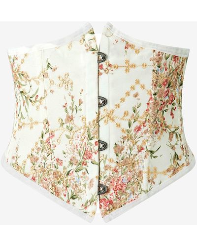 Zaful Floral Print Embroidered Hook Front Boned Detail Lace Up Underbust Corset Top - White
