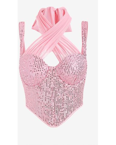 Zaful Sexy Sparkly Sequined Halter Criss Cross Underwire Boned Detail Mesh Insert Crop Bustier Corset Style Tank Top - Pink