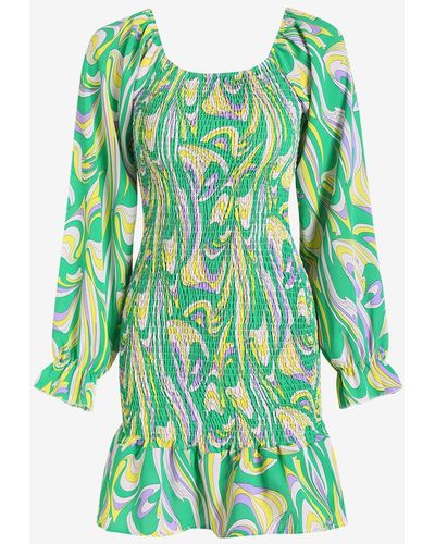 Zaful Swirl Print Smocked Poet Sleeve Mini Mermaid Dress - Green