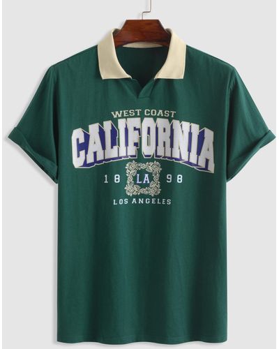 Zaful Short Sleeves Polo Collared California Graphic T Shirt - Green