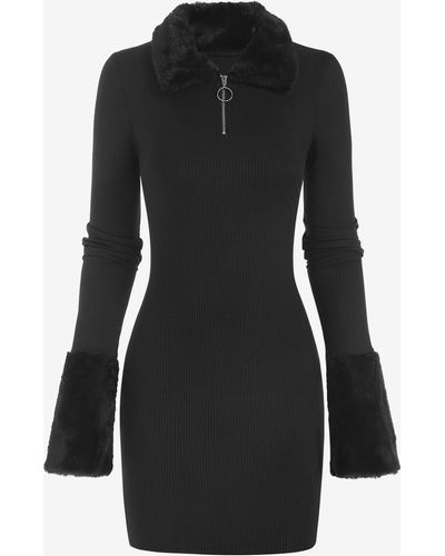 Zaful V Neck O Ring Quarter Zip Faux Fur Fluffy Spliced Long Sleeves Solid Color Mini Bodycon Sweater Dress - Black