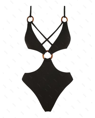 Zaful Ribbed O Ring Criss Cross Cut Out One-piece Swimsuit - Black