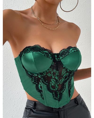 Zaful Sexy Club Date Night Out Underwire Lace Panel Silky Satin Fishbone Design Corset-style Strapless Tube Top - Green