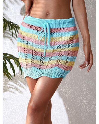 Zaful Drawstring Colorblock Crochet Cover Up Skirt - Blue