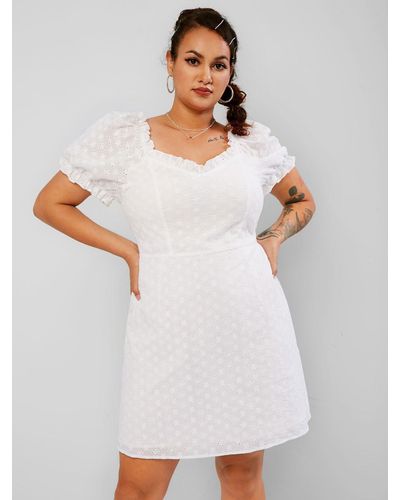 Zaful Plus Size Ruffled Broderie Anglaise Puff Sleeve Dress - White