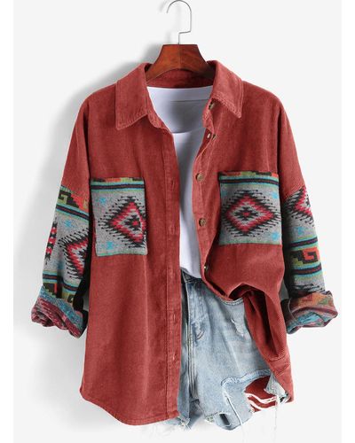 Zaful Jackets Aztec Corduroy Shacket Fall&winter Long Sleeves Drop Shoulder Fleece Lined Printed Outfit Button Up Jacket Shirt - Red