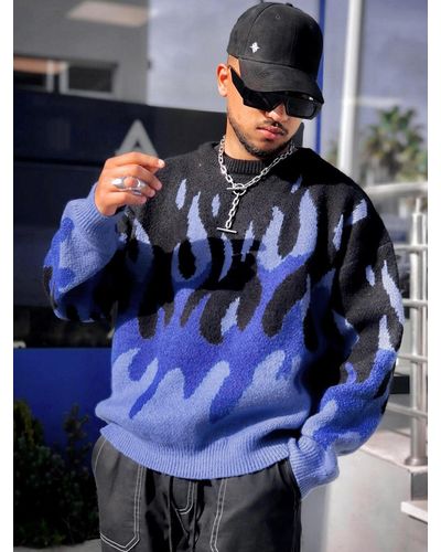 Zaful Fire Flame Graphic Y2k Aesthetic Sweater - Blue